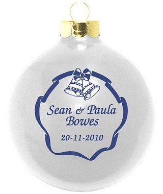 white ornament with gold top imprinted in blue ink with Wedding Bells 
